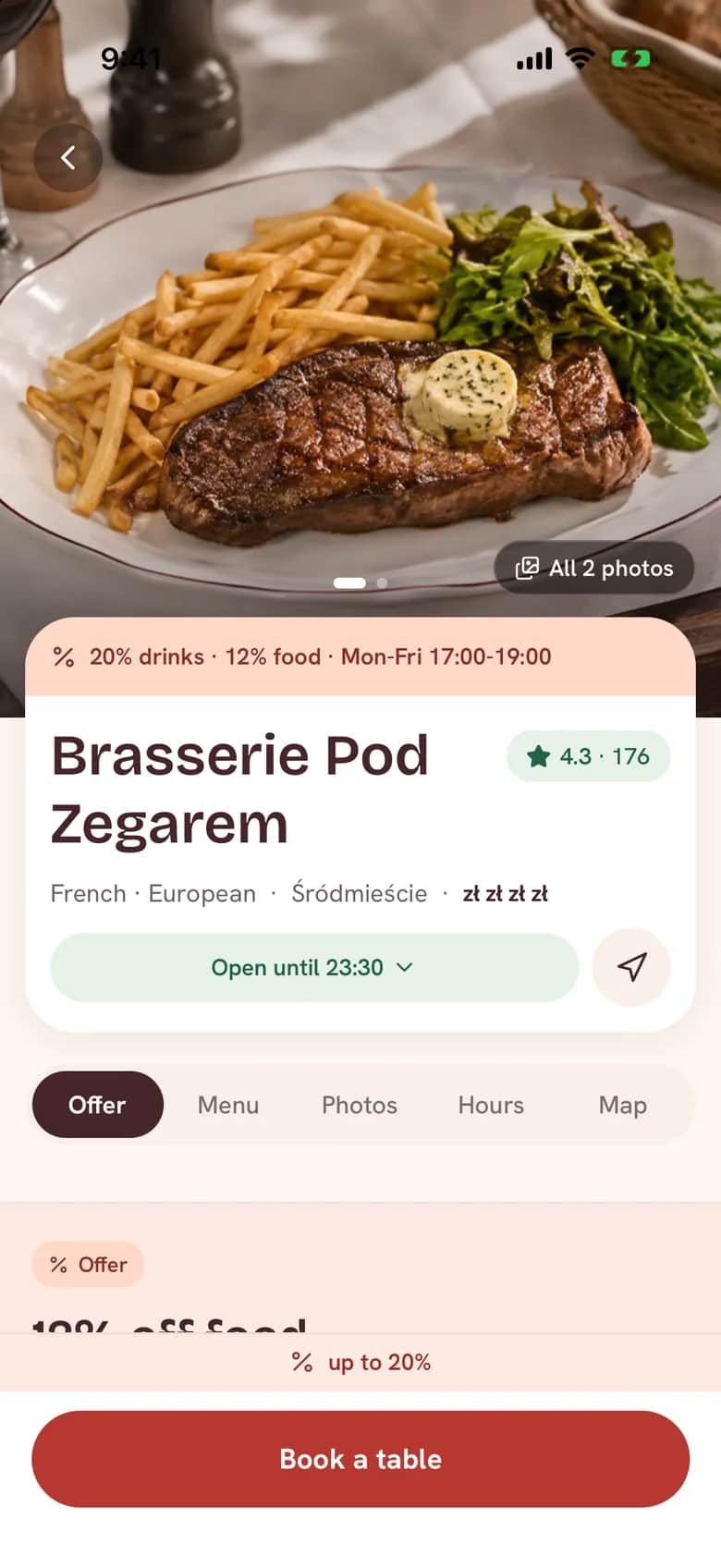 Dinezyy app: a restaurant page with its offer, rating and opening hours
