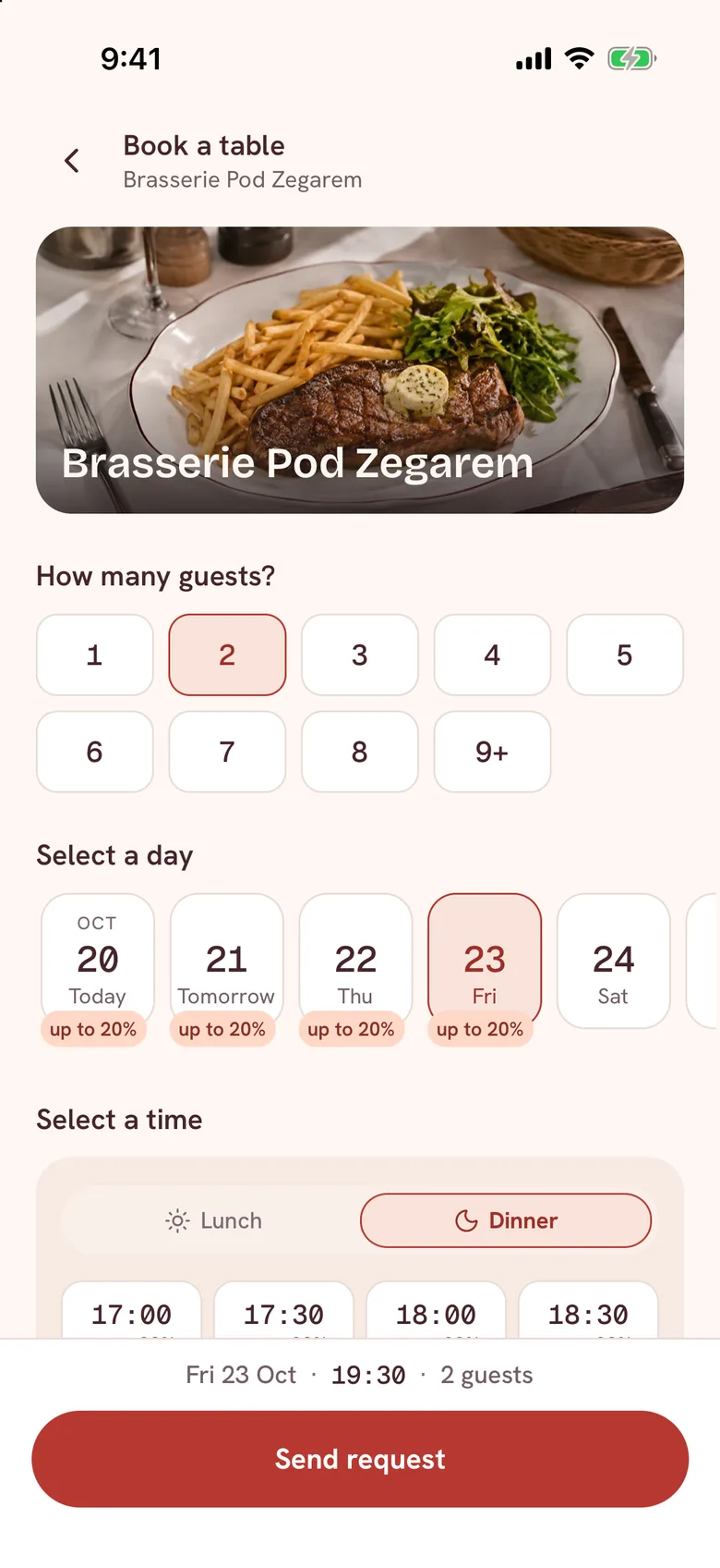 Dinezyy app: requesting a table, choosing guests, day and time