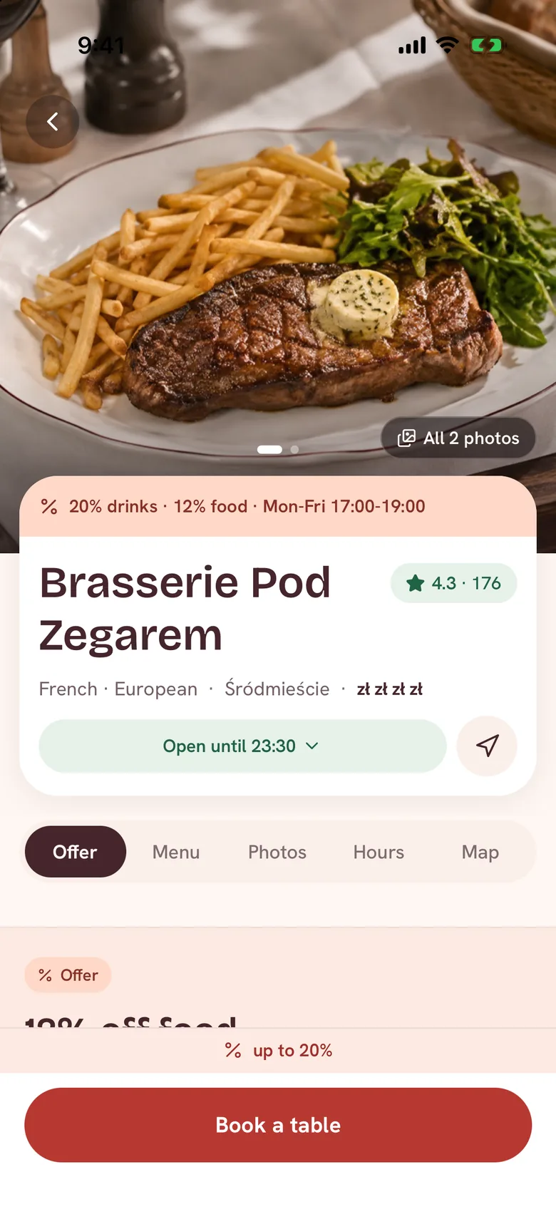 Dinezyy app: a restaurant page with its offer, rating and opening hours